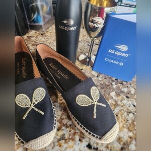Kate Spade Black Espadrilles with Gold Racket Embroidery